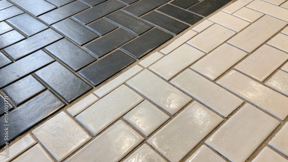 Aufkleber Tiles arranged in a herringbone pattern with one segment finished highlighting the stark contrast between the polished surface and the raw ungrouted sections.