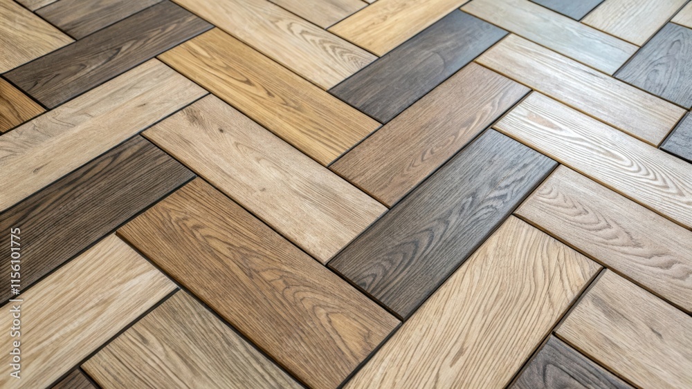 Aufkleber Tiles arranged in a herringbone pattern characterized by a mix of light and dark woodlook finishes that add warmth and dimension to the space.