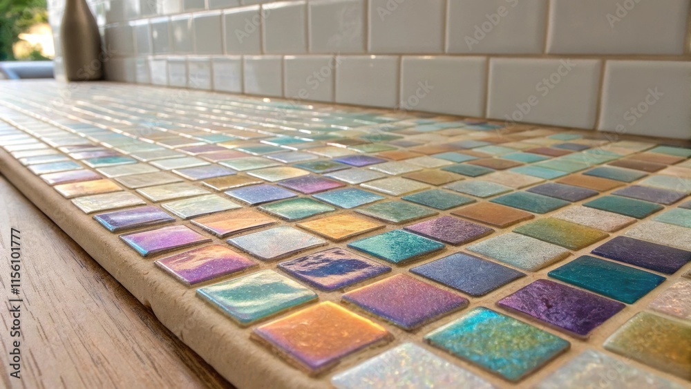 Aufkleber Tiles with a mosaic appearance comprised of small glass pieces in varied hues that glimmer softly creating a dynamic play of color and light.