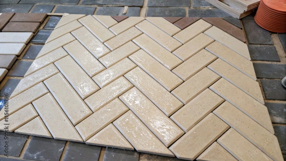 Poster Tiles in a herringbone pattern with one section almost complete highlighting drops of adhesive and the careful placement of a tile ter nearby.