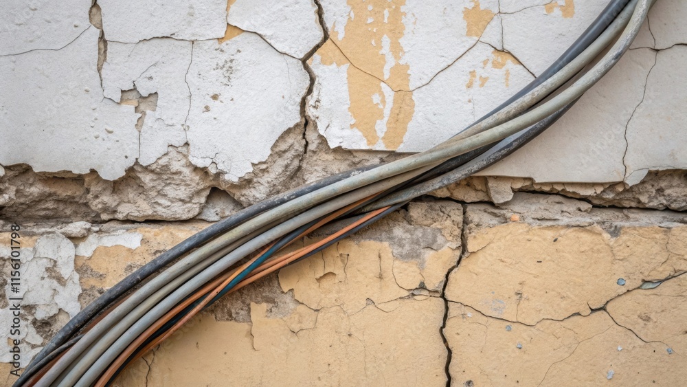 Poster tight shot of exposed cables pushing through a cracked plaster wall where aging layers of paint and 