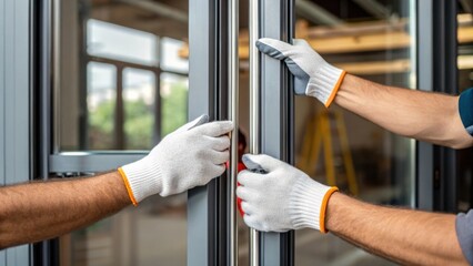 Two workers hands clad in work gloves carefully adjust the sliding glass door highlighting the craftsmanship and attention to detail during the installation process.