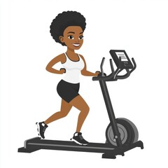 Fototapeta premium Young Black woman exercising on a treadmill, showcasing determination and fitness in a bright, energetic setting.
