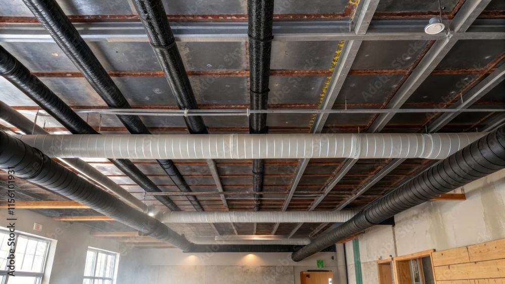 Poster the unfinished ceiling is filled with a crisscrossing pattern of black and gray ducts some rusted co