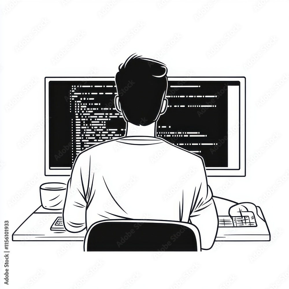Poster a focused young male programmer working diligently at a computer, surrounded by coding in a minimali