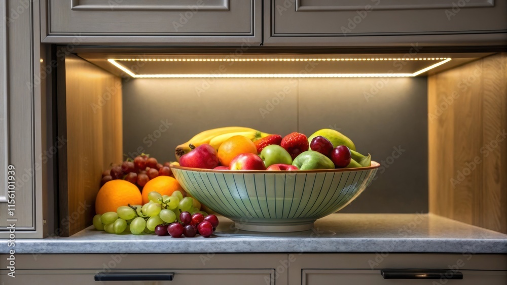 Poster The undercabinet light outlines the edges of a vibrant fruit bowl causing the reds yellows and greens to pop against the backdrop of muted cabinet colors and creating a feast for