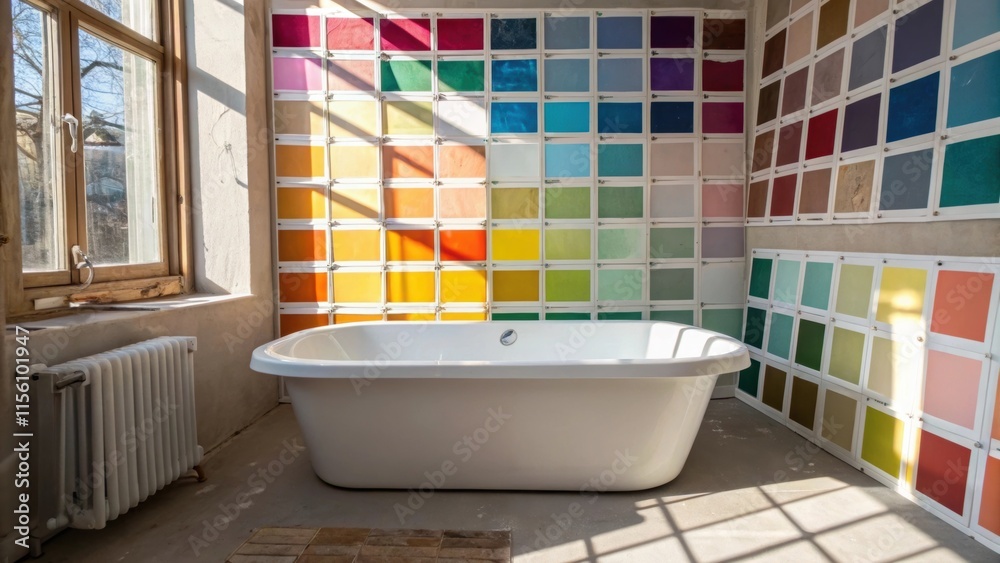 Poster the tub sits surrounded by colorful paint swatches a visual cacophony of potential color choices res