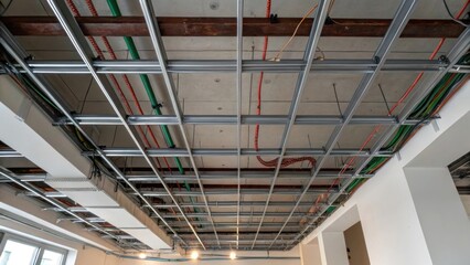 Obraz premium The view captures a section of the ceiling where exposed metalwork intersects with wires allowing a glimpse of the structure and systems that lay beneath the surface planning of