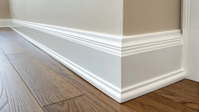 The top of a baseboard alongside the wall freshly cleaned and painted as it meets the prepped wall surface highlighting the contrast between the two and the overall readiness for
