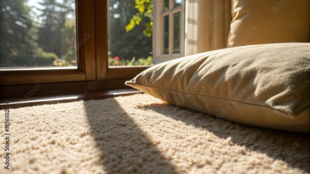 Leinwandbilder the sunlight filters through a nearby window illuminating the soft beige fabric of the carpet paddin