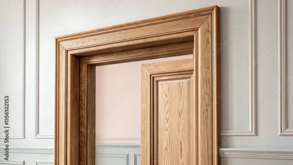 Poster the subtle contrast between the door frame and the surrounding wall where the natural wood tone pops