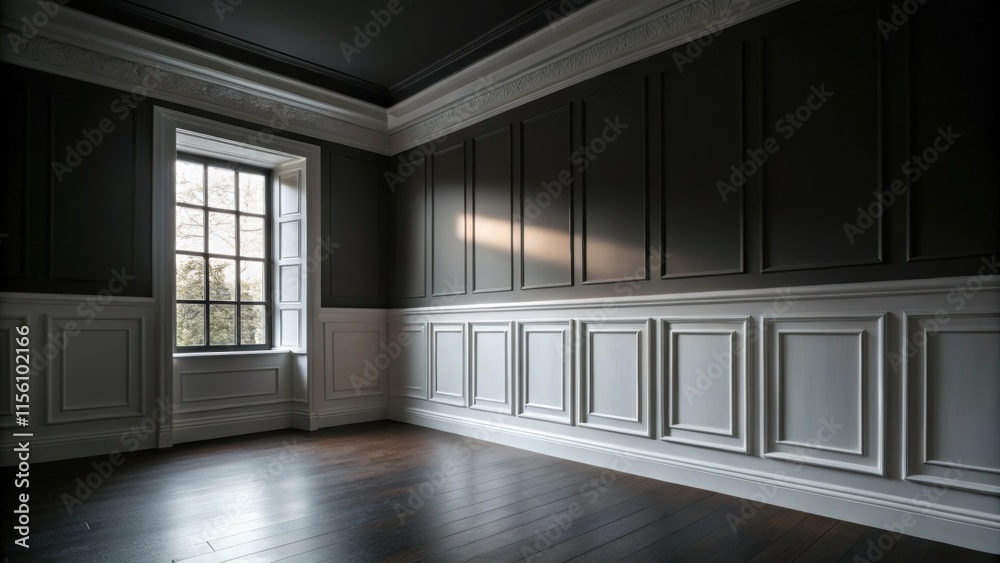 Poster The stark white of the unpainted trim runs along the walls accentuating the dness of the space as light filters through a nearby window.
