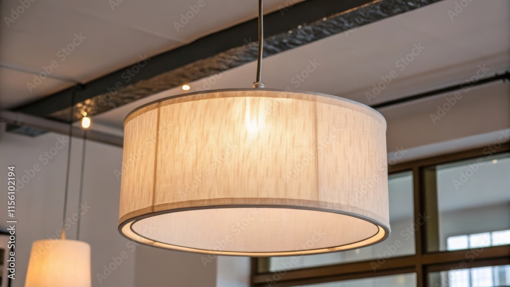 Aufkleber The soft outline of a modern cylindrical pendant light sways gently its translucent shade diffusing the light into a warm ambiance in the otherwise stark environment.
