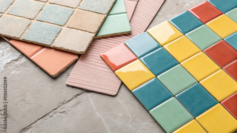 Poster the soft muted colors of the underlayment contrasting with a nearby pile of vibrant ceramic tiles cr