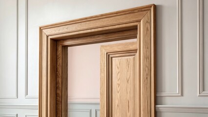 The subtle contrast between the door frame and the surrounding wall where the natural wood tone pops against a pale neutral paint finish emphasizing the frames elegance.