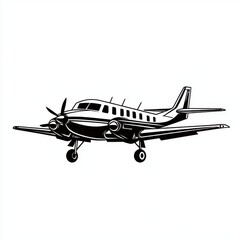 Stylized black and white illustration of a propeller airplane in flight, showcasing its sleek design.