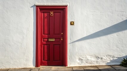 The stark contrast of a deep red door leaning against a stark white wall draws attention with the doors brass door glinting in the evening light.