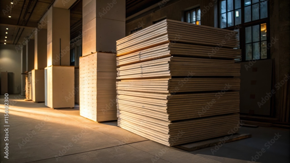 Aufkleber The silhouette of drywall stacks against a backdrop of a dimly lit room with the textures and color tones of the sheets creating an intriguing visual contrast.