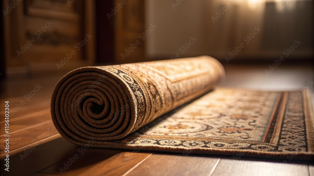 Aufkleber The rooms floor is illuminated softly while a tightly rolledup rug is positioned nearby decorated with intricate patterns that tell of forgotten warmth and comfort.