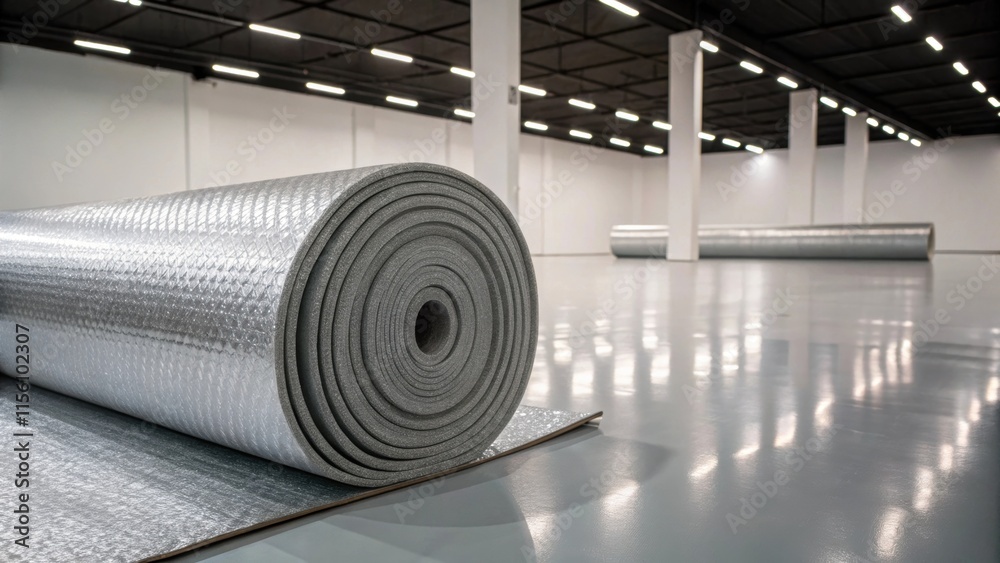 Aufkleber The rolls of floor covering are tightly showcasing a textured surface that reflects the overhead lights in a minimalist empty space.