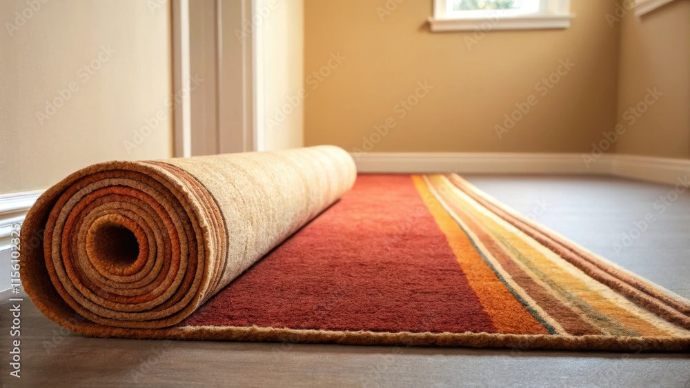 Poster The roll of carpet is partially unfurled showcasing a warm color palette that harmonizes with the surrounding neutral walls bringing a cozy feel to the blank canvas.