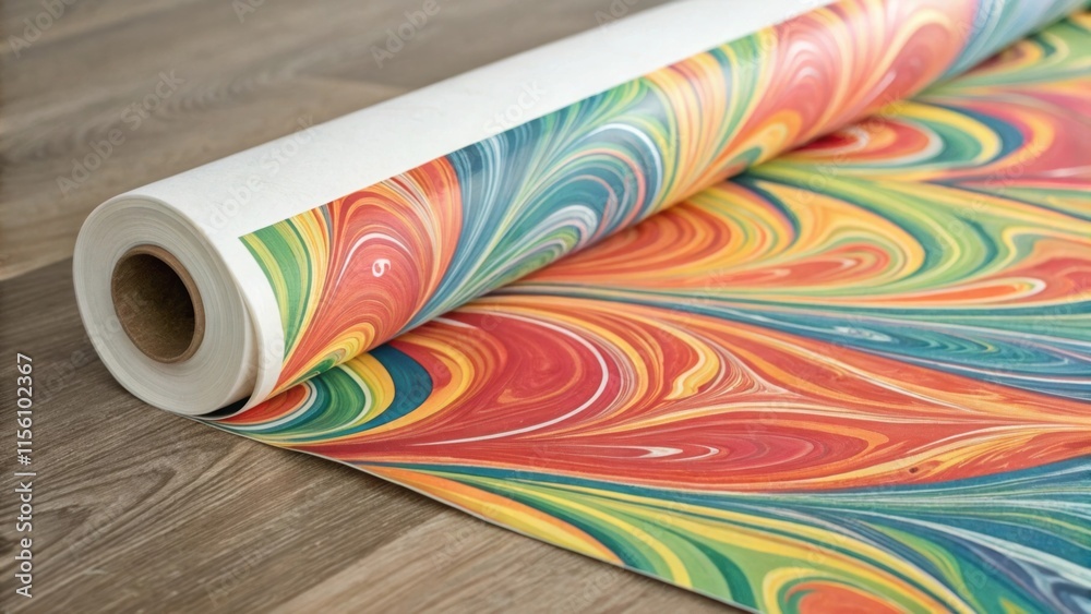 Poster The profile of a wallpaper roll displaying an abstract swirling design with the vibrant colors blending together caught in a moment of being unrolled creating anticipation for the