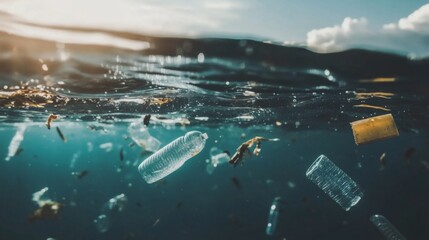 Plastic Debris Floating in Ocean Waters Under Bright Light