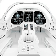 Futuristic cockpit interior showcasing advanced technology with sleek white design and multiple display screens.