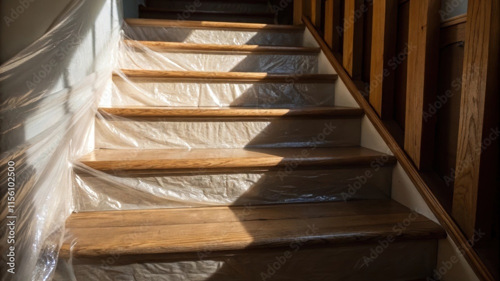 Poster The layered textures of a staircase are captured in a macro shot the smooth wood peeking through a slightly cled plastic sheet as shadows deepen around the edges hinting at the