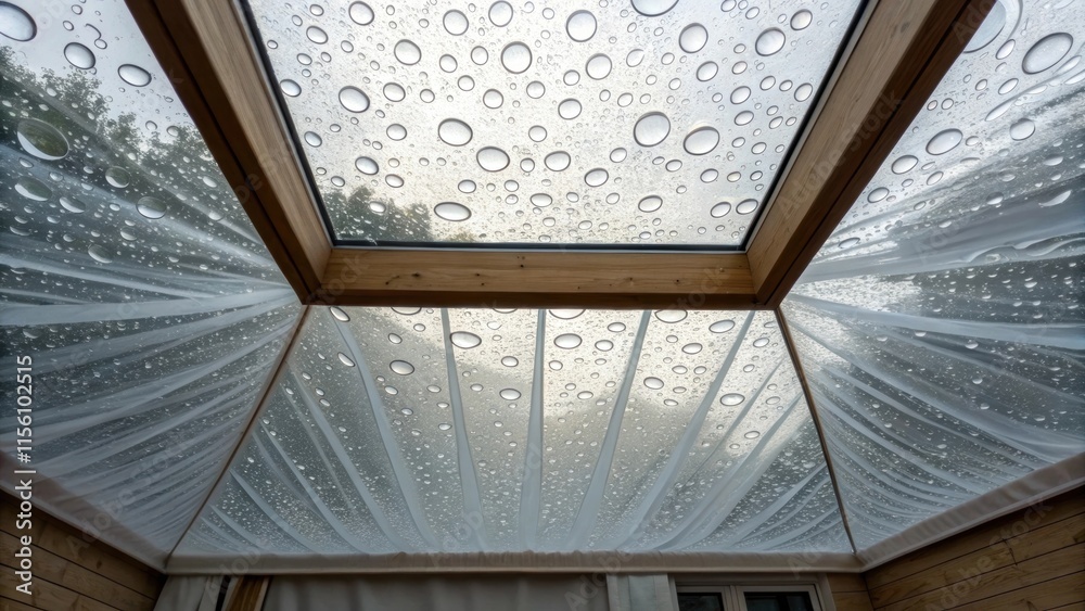 Poster the intricate pattern of raindrops clings to the protective plastic sheeting above as the skylight a