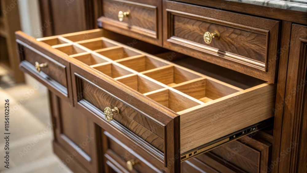 Poster The intricate joinery of an open drawer is highlighted capturing the artistry of craftsmanship in the cabinetry with a polished wood finish that glows softly in ambient light.
