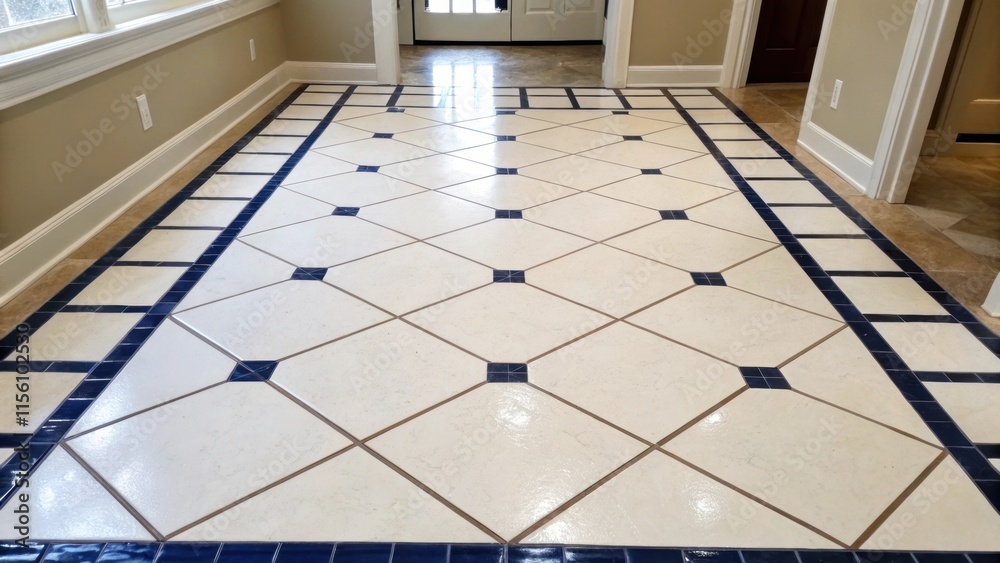 Poster the intricate layout of large square ceramic tiles with a contrast of deep navy blue grout that outl