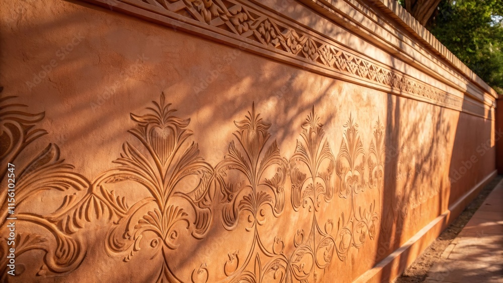 Aufkleber The intricate detail of a painted wall in warm terracotta with shadows creating depth around the light brushwork giving an overall sense of warmth and inviting aesthetics.