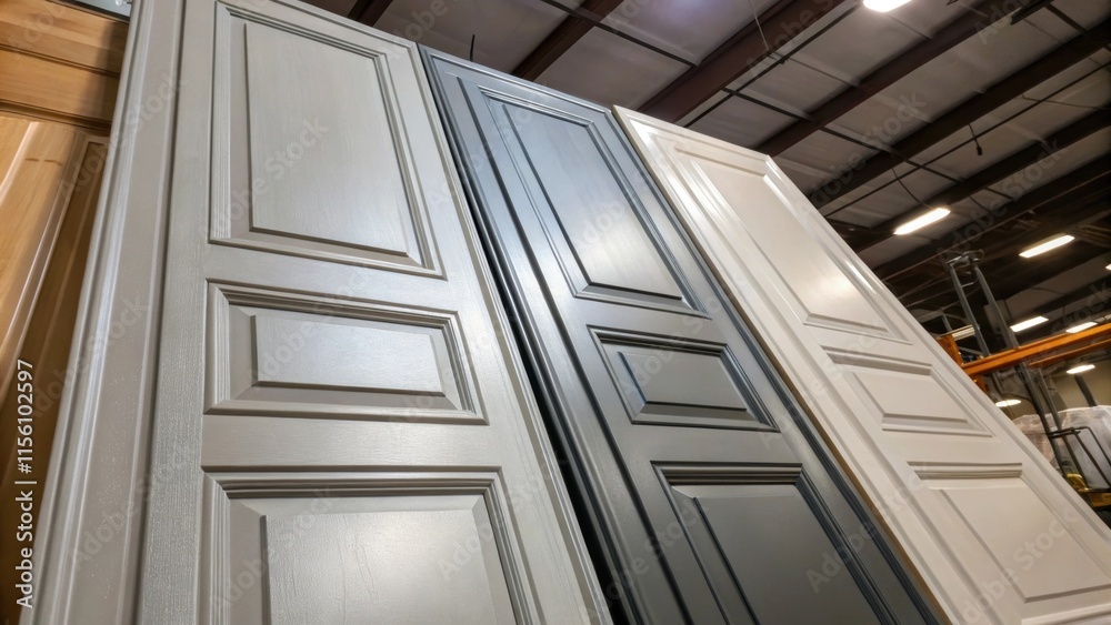 Poster The interplay of light and shadow on a stack of prehung doors emphasizing the difference between the matte and gloss finishes of the paint creating dynamic visual interest.