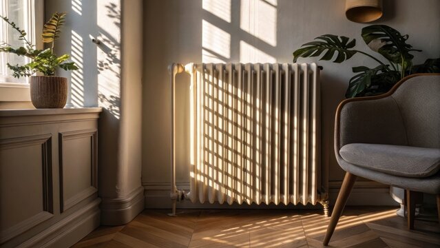 The intricate interplay of shadows and light on the radiators surface offers an artistic glimpse of the corner showcasing the thoughtful design that enriches the overall aesthetic