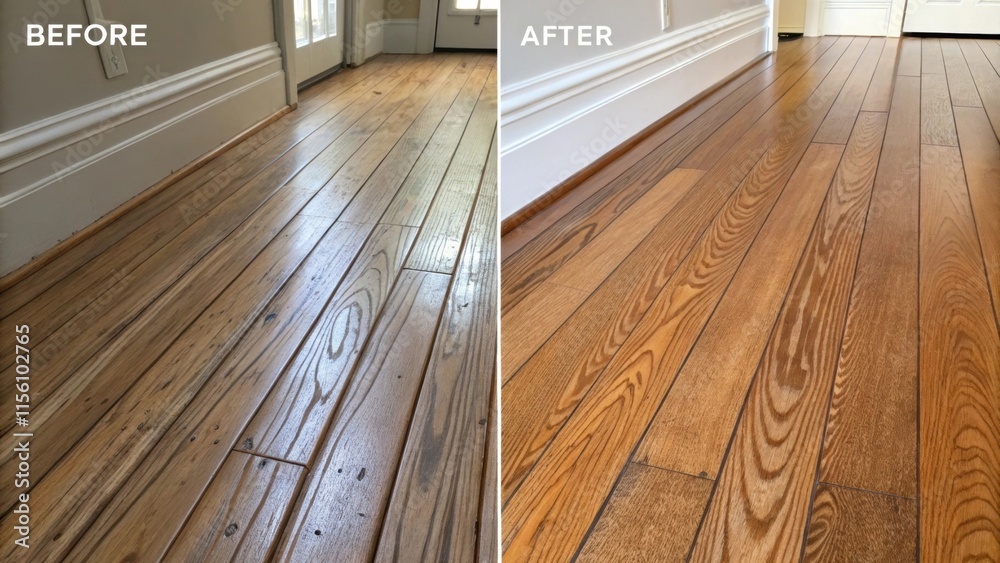 Aufkleber The floorboards and sanded display natural wood grain patterns highlighting the craftsmanship behind the beforeandafter transformation all tered with fine dust from recent