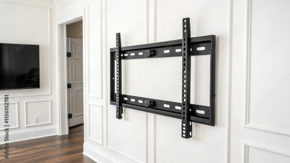 Poster the empty wall features a matte black tv mount contrasting sharply with the pristine white backgroun