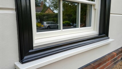 The frame of the window freshly painted and impeccably clean accented by the contrasting dark weatherproofing that clings to the edges for a polished look.