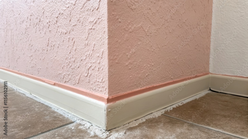 Aufkleber The corner of a room featuring a sample patch of muted blush pink the delicate color juxtaposed against the rough untreated drywall.