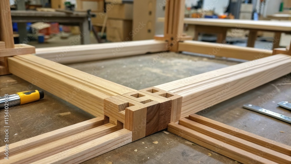 Poster The connectivity of frame joints is highlighted showing intricate woodwork with dowels joining two pieces seamlessly set against the backdrop of chaotic workshop elements.