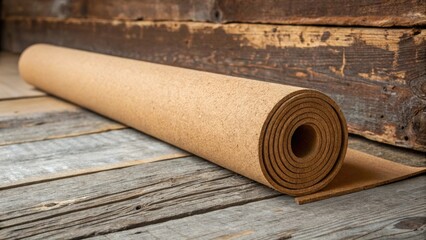 The cork flooring roll leans against a rustic wooden beam showing the juxtaposition between the organic softness of the cork and the rugged texture of reclaimed wood.