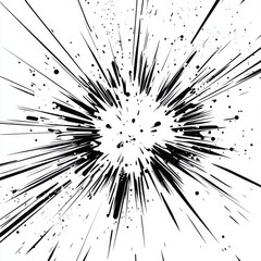 Dynamic black and white explosion illustration with radiating lines and splatters.