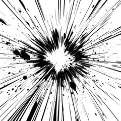 Dynamic abstract explosion of black splatter on a white background, conveying energy and motion.