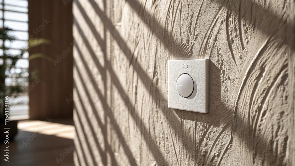 Poster The closeup reveals a textured wall with a matte finish where a minimalist round light switch is seamlessly integrated accented by delicate shadows from nearby ambient light.