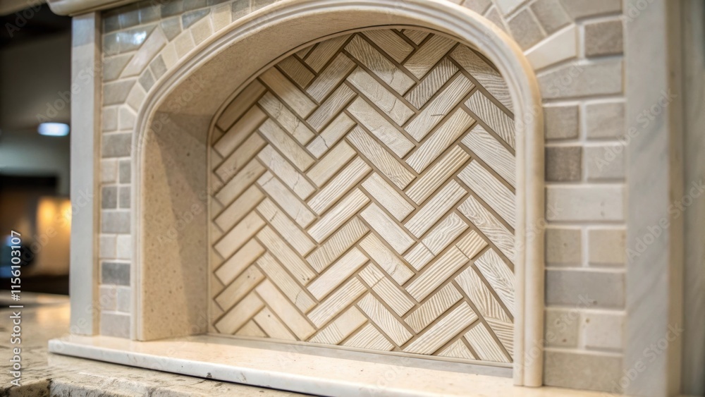 Aufkleber The closeup of the niche reveals intricate craftsmanship in a herringbone tile layout creating visual depth and inviting tactile engagement.