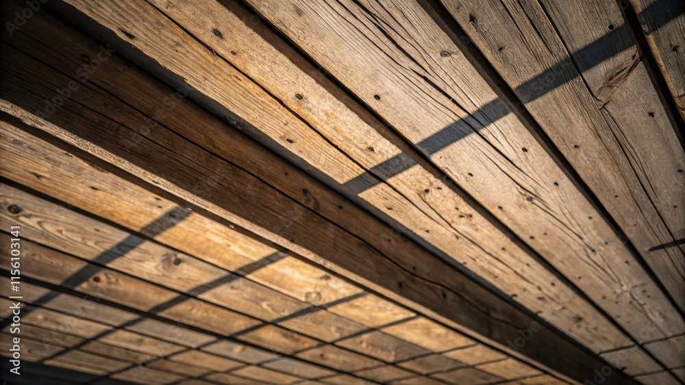 Poster The camera focuses on a section of exposed ceiling where the weathered wood grain is highlighted casting shadows that create a dramatic interplay of light across the surface.