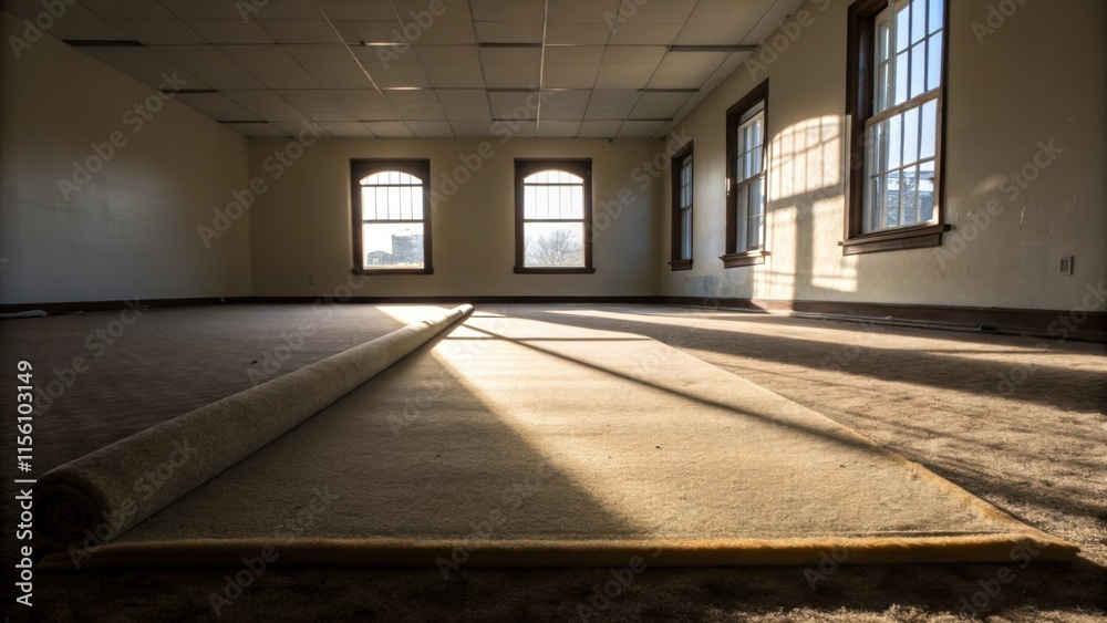 Aufkleber The carpet padding rests in a ghostly silence within the empty room with sunlight reflecting off its surface creating a sense of anticipation for the new beginnings of the space.