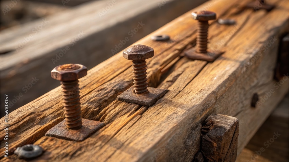Poster the camera captures a closeup of rusted nails and screws securing the wooden beams with the rough te