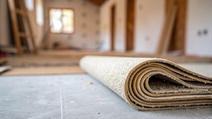 The carpet padding nestled neatly in an empty corner is captured with a shallow depth of field causing the background to fade into a blur of unfinished renovation cues.