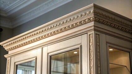 Obraz premium The camera captures the top edge of a cabinet frame with a refined design where the light casts gentle shadows emphasizing the siness and style of the structure.